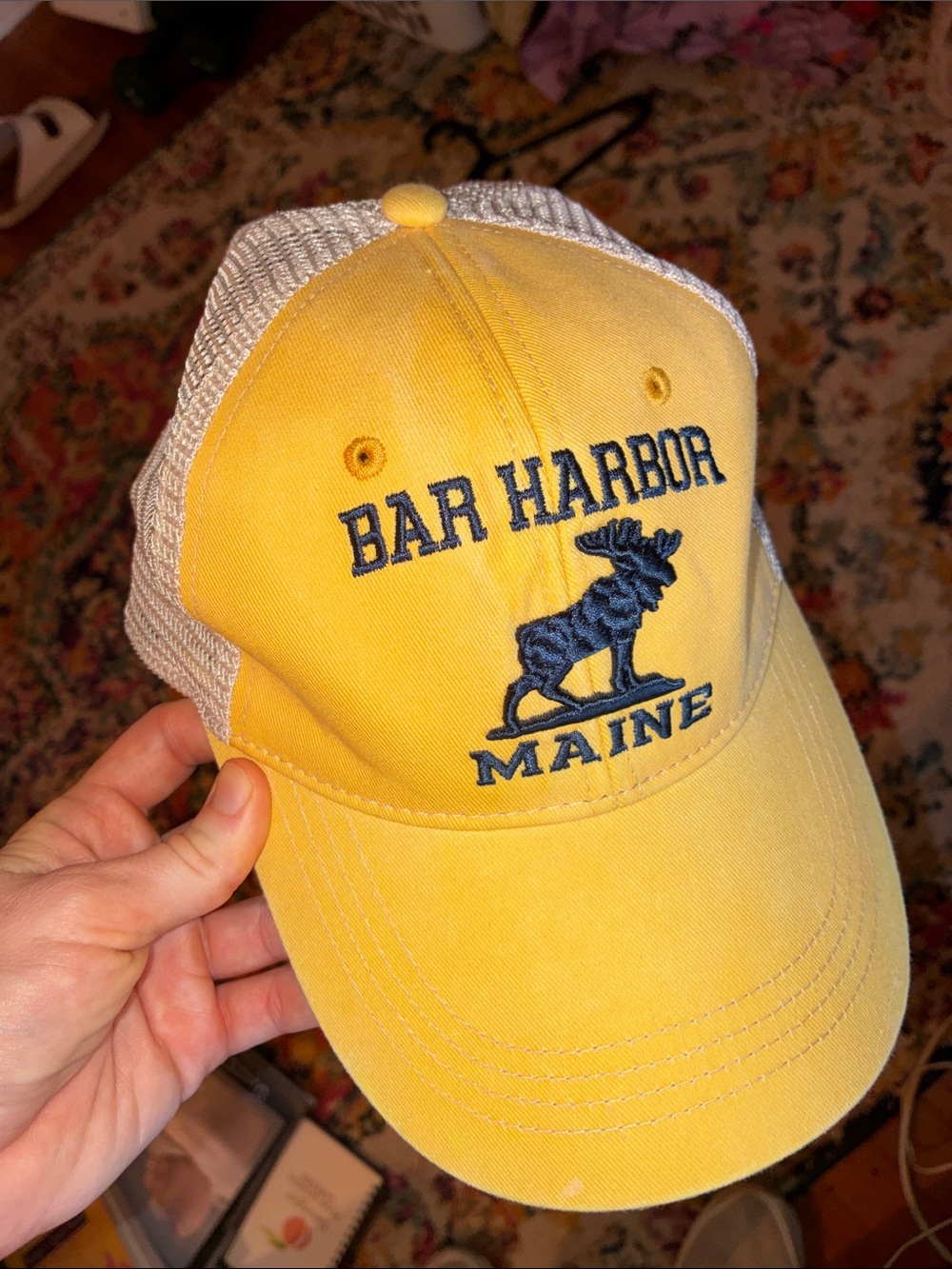 Bar Harbor Maine Yellow Trucker Hat with Navy Embroidery